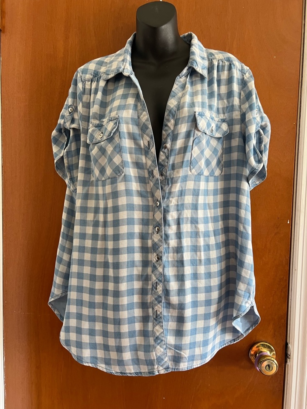 Light Blue Plaid Button-Down Shirt - Women